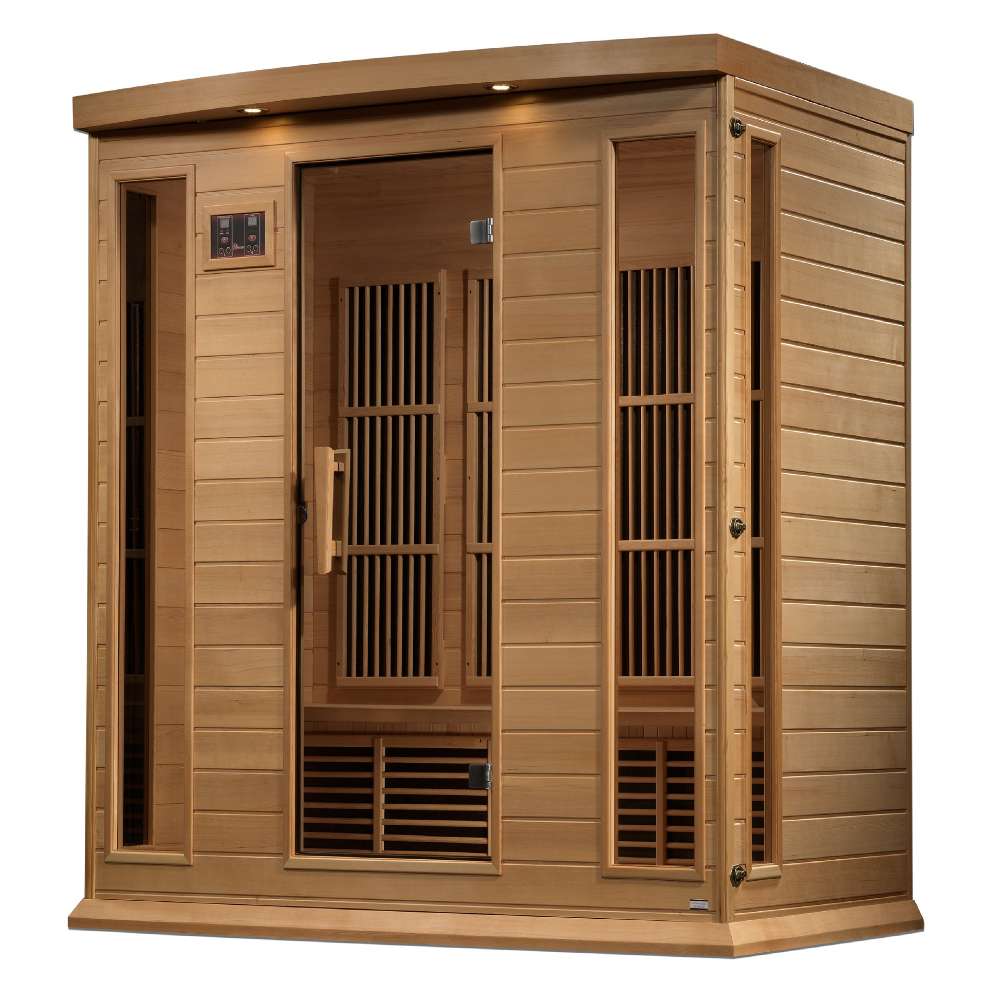 Seen from the right, Golden Designs Maxxus 4 Person Near Zero EMF Far Infrared Sauna in Hemlock shows its hemlock side wall, bronze glass door and wide front