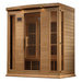 Seen from the right, Golden Designs Maxxus 4 Person Near Zero EMF Far Infrared Sauna in Hemlock shows its hemlock side wall, bronze glass door and wide front