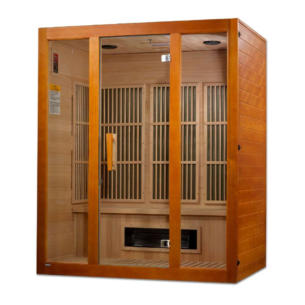 Seen from the right, Golden Designs Maxxus Alpine Dual Tech 3 Person Low EMF Far Infrared Sauna shows its side wall, glass front and ceramic heater