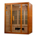 Seen from the right, Golden Designs Maxxus Alpine Dual Tech 3 Person Low EMF Far Infrared Sauna shows its side wall, glass front and ceramic heater