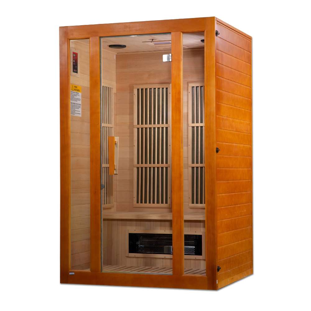 Seen from the right, Golden Designs Maxxus Aspen Dual Tech 2 Person Low EMF Far Infrared Sauna shows its side wall, glass door and ceramic heater