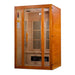 Seen from the right, Golden Designs Maxxus Aspen Dual Tech 2 Person Low EMF Far Infrared Sauna shows its side wall, glass door and ceramic heater