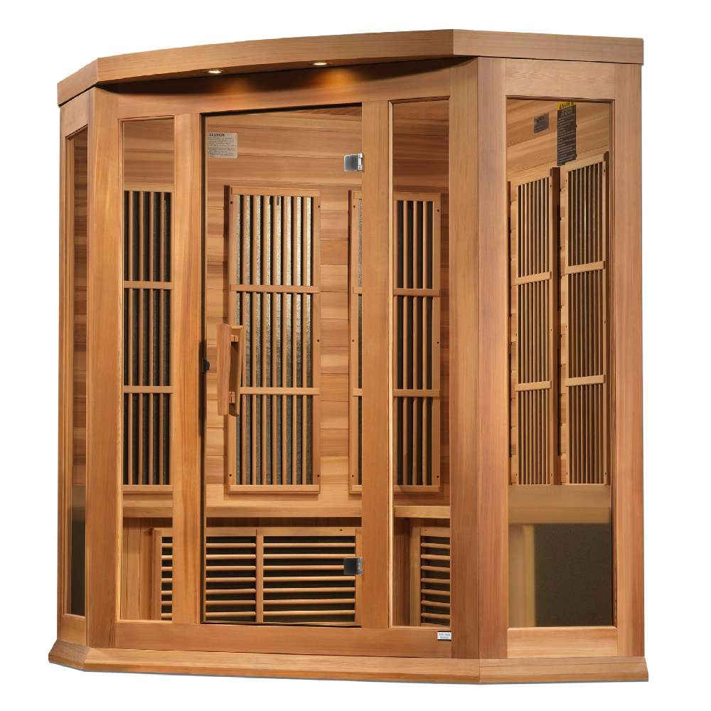 Seen from the right, Golden Designs Maxxus Avignon 3 Person Corner Near Zero EMF Far Infrared Sauna in Red Cedar shows its red cedar corner walls, glass door and slatted heater covers