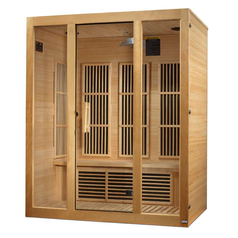 Seen from the right, Golden Designs Maxxus Bellevue 3 Person Low EMF Far Infrared Sauna shows its hemlock side wall, glass door and carbon panels