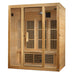 Seen from the right, Golden Designs Maxxus Bellevue 3 Person Low EMF Far Infrared Sauna shows its hemlock side wall, glass door and carbon panels