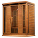 Seen from the right, Golden Designs Maxxus Chaumont 4 Person Near Zero EMF Far Infrared Sauna in Red Cedar shows its red cedar side wall, glass door and side window