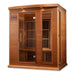 Seen from the right, Golden Designs Maxxus Montilemar 3 Person Near Zero EMF Far Infrared Sauna in Red Cedar shows its red cedar side wall, glass door and wide front