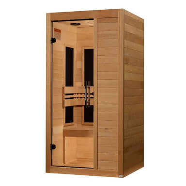 Seen from the right, Golden Designs Maxxus S-Line 1 Person Ultra Low EMF Far Infrared Sauna shows its wood side wall, solid front panel and glass door