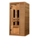 Seen from the right, Golden Designs Maxxus S-Line 1 Person Ultra Low EMF Far Infrared Sauna shows its wood side wall, solid front panel and glass door