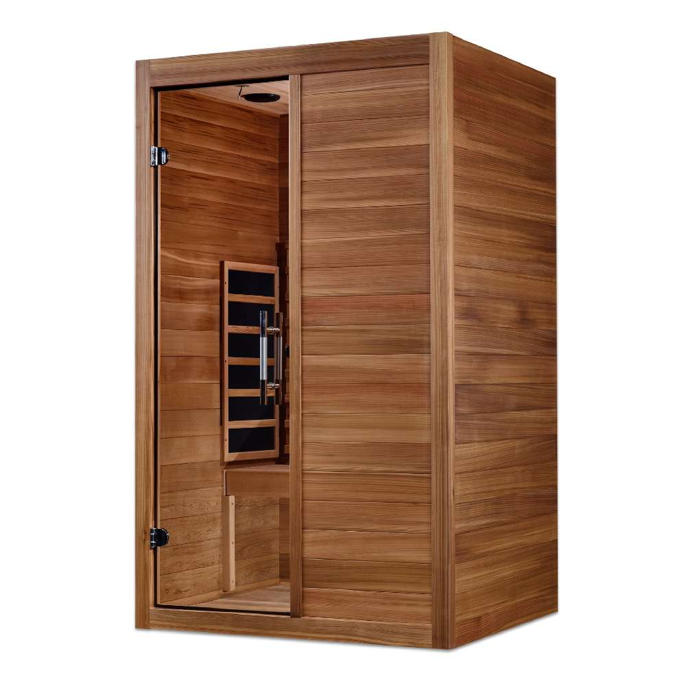 Seen from the right, Golden Designs Maxxus S-Line 2 Person Full Spectrum Infrared Sauna in Pacific Cedar shows its cedar side wall, wide solid front panel and glass door