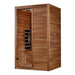Seen from the right, Golden Designs Maxxus S-Line 2 Person Full Spectrum Infrared Sauna in Pacific Cedar shows its cedar side wall, wide solid front panel and glass door