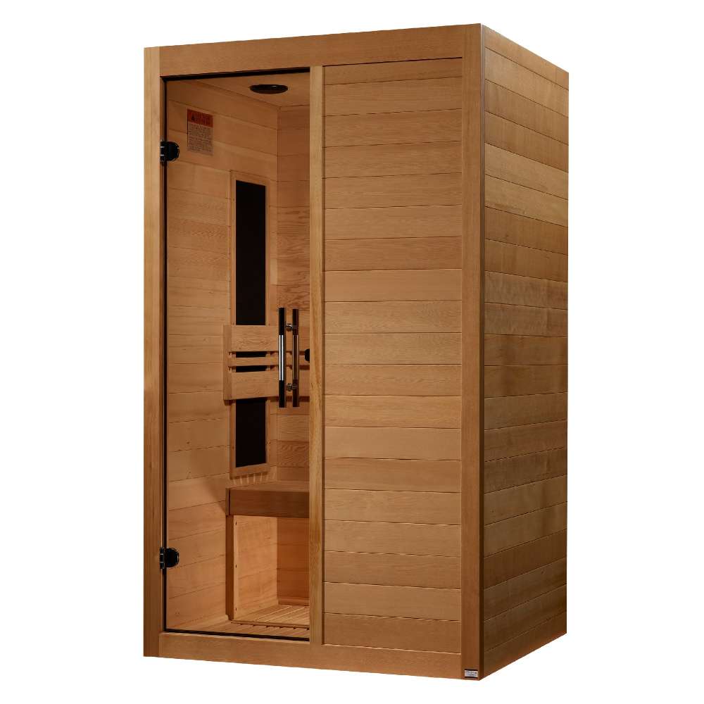 Seen from the right, Golden Designs Maxxus S-Line 2 Person Ultra Low EMF Far Infrared Sauna shows its wood side wall, solid front panel and glass door