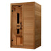 Seen from the right, Golden Designs Maxxus S-Line 2 Person Ultra Low EMF Far Infrared Sauna shows its wood side wall, solid front panel and glass door