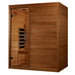 Seen from the right, Golden Designs Maxxus S-Line 3 Person Full Spectrum Infrared Sauna in Pacific Cedar shows its cedar side wall, wide solid front panel and glass door