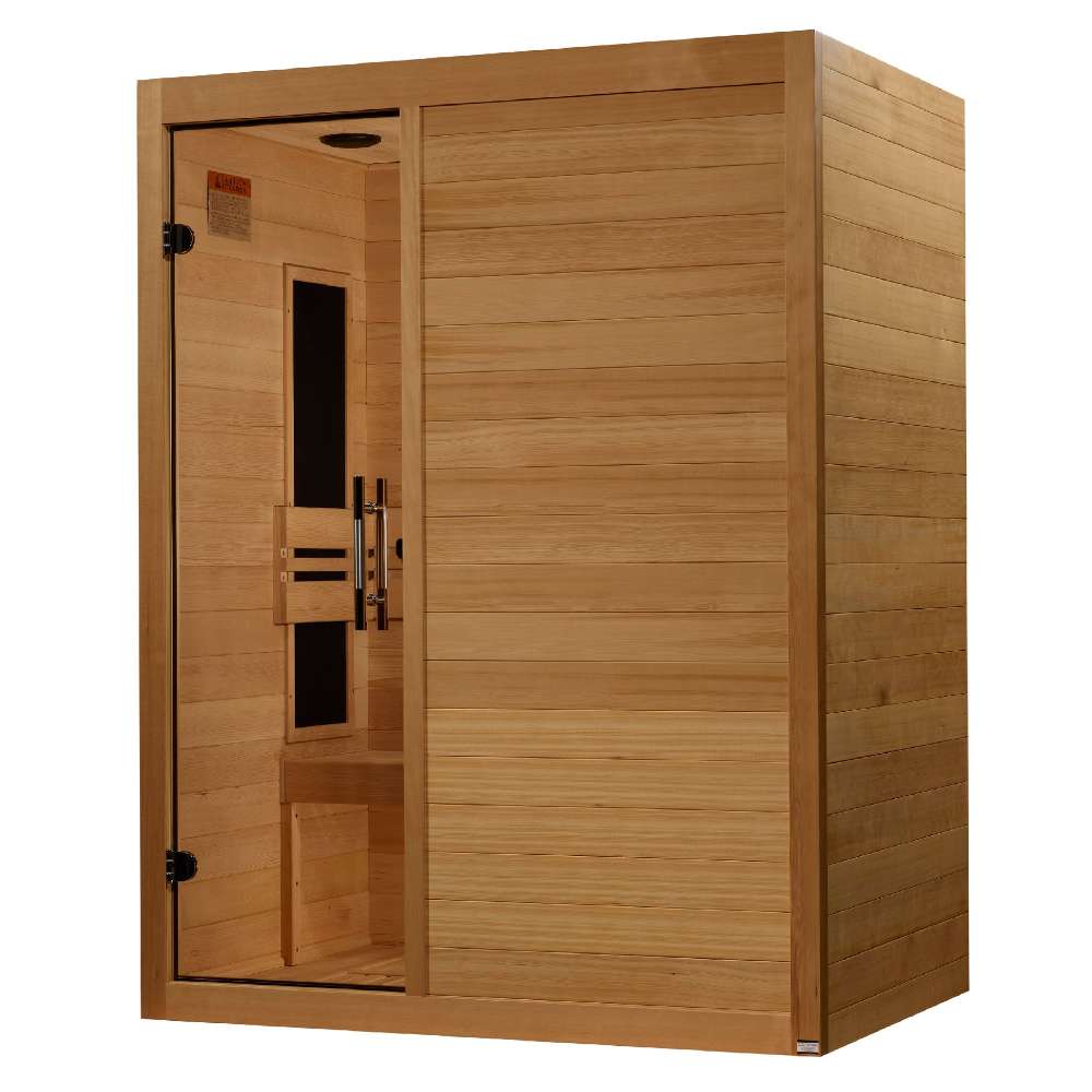 Seen from the right, Golden Designs Maxxus S-Line Elite 3 Person Ultra Low EMF Far Infrared Sauna shows its wood side wall, solid front panel and glass door