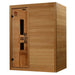 Seen from the right, Golden Designs Maxxus S-Line Elite 3 Person Ultra Low EMF Far Infrared Sauna shows its wood side wall, solid front panel and glass door