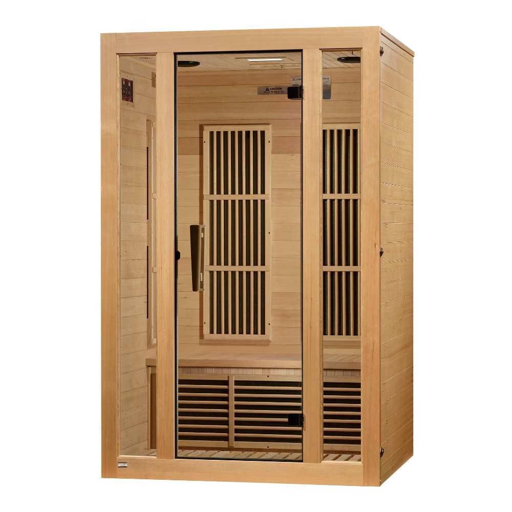 Seen from the right, Golden Designs Maxxus Seattle 2 Person Low EMF Far Infrared Sauna shows its hemlock side wall, glass door and carbon panels