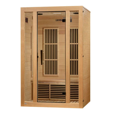 Seen from the right, Golden Designs Maxxus Seattle 2 Person Near Zero EMF Far Infrared Sauna shows its hemlock side wall, glass door and floor heater