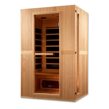 Seen from the right, Golden Designs Maxxus Serenity Dual Tech 2 Person Low EMF Far Infrared Sauna shows its hemlock side wall, glass door and carbon panels