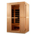 Seen from the right, Golden Designs Maxxus Serenity Dual Tech 2 Person Low EMF Far Infrared Sauna shows its hemlock side wall, glass door and carbon panels
