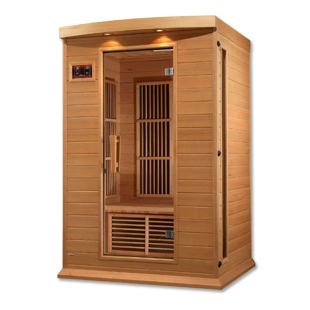 Seen from the right, Golden Designs Maxxus Toulose 2 Person Low EMF Far Infrared Sauna shows its hemlock side wall, bronze glass door and carbon panels