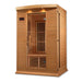 Seen from the right, Golden Designs Maxxus Toulose 2 Person Low EMF Far Infrared Sauna shows its hemlock side wall, bronze glass door and carbon panels
