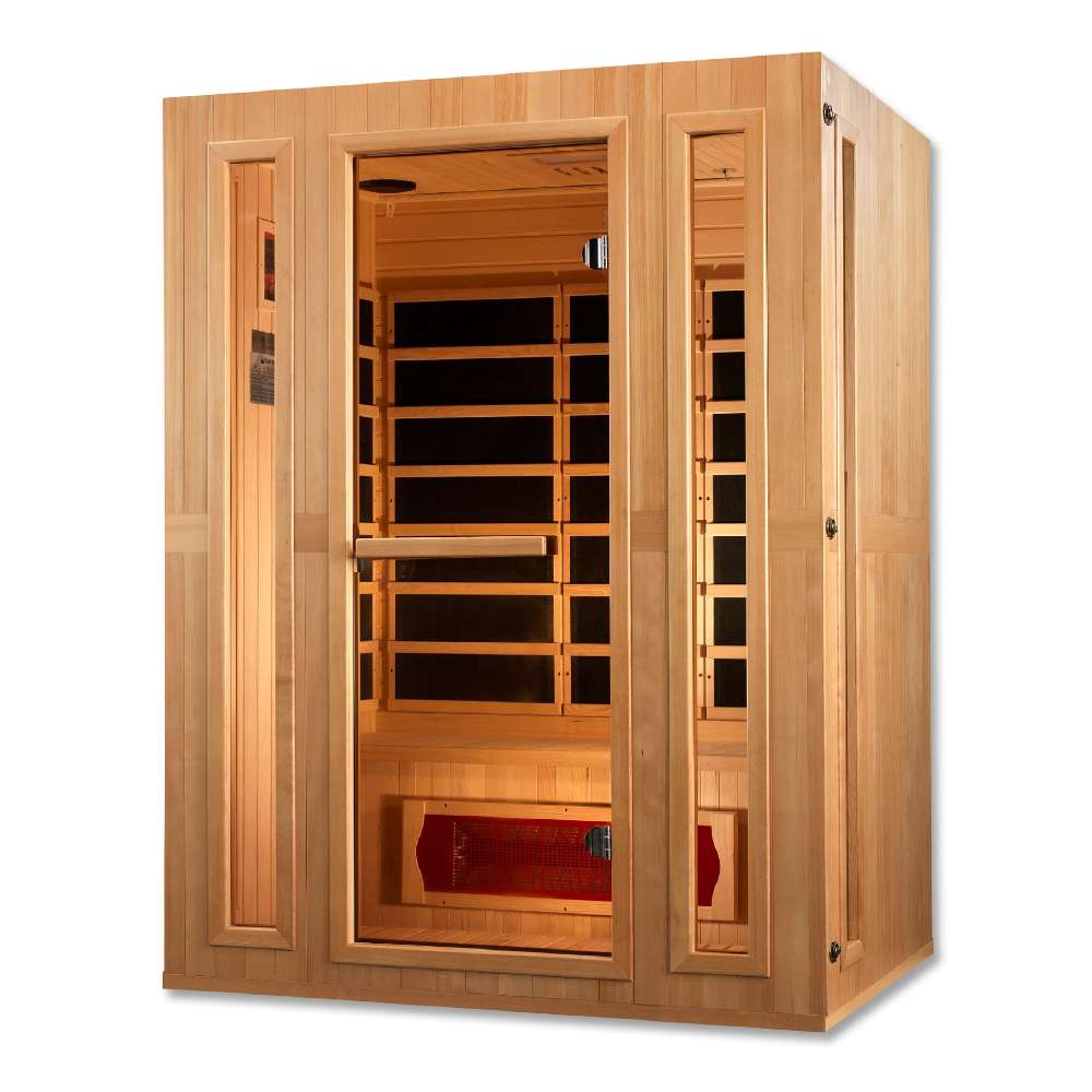 Seen from the right, Golden Designs Maxxus Trinity Dual Tech 3 Person Low EMF Far Infrared Sauna shows its hemlock side wall, glass door and glowing bench heater