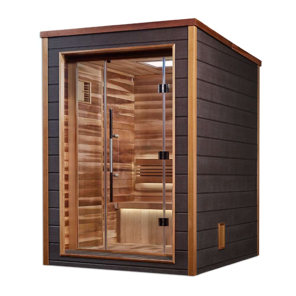 Seen from the right, Golden Designs Narvik 2 Person Outdoor-Indoor Traditional Sauna shows its dark exterior, glass door and cedar interior with a vent on the side