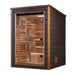 Seen from the right, Golden Designs Narvik 2 Person Outdoor-Indoor Traditional Sauna shows its dark exterior, glass door and cedar interior with a vent on the side