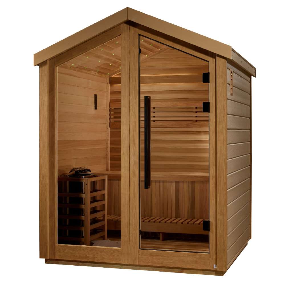Seen from the right, Golden Designs Savonlinna 3 Person Barn Outdoor Traditional Sauna shows its glass front, guarded stove and cedar side wall