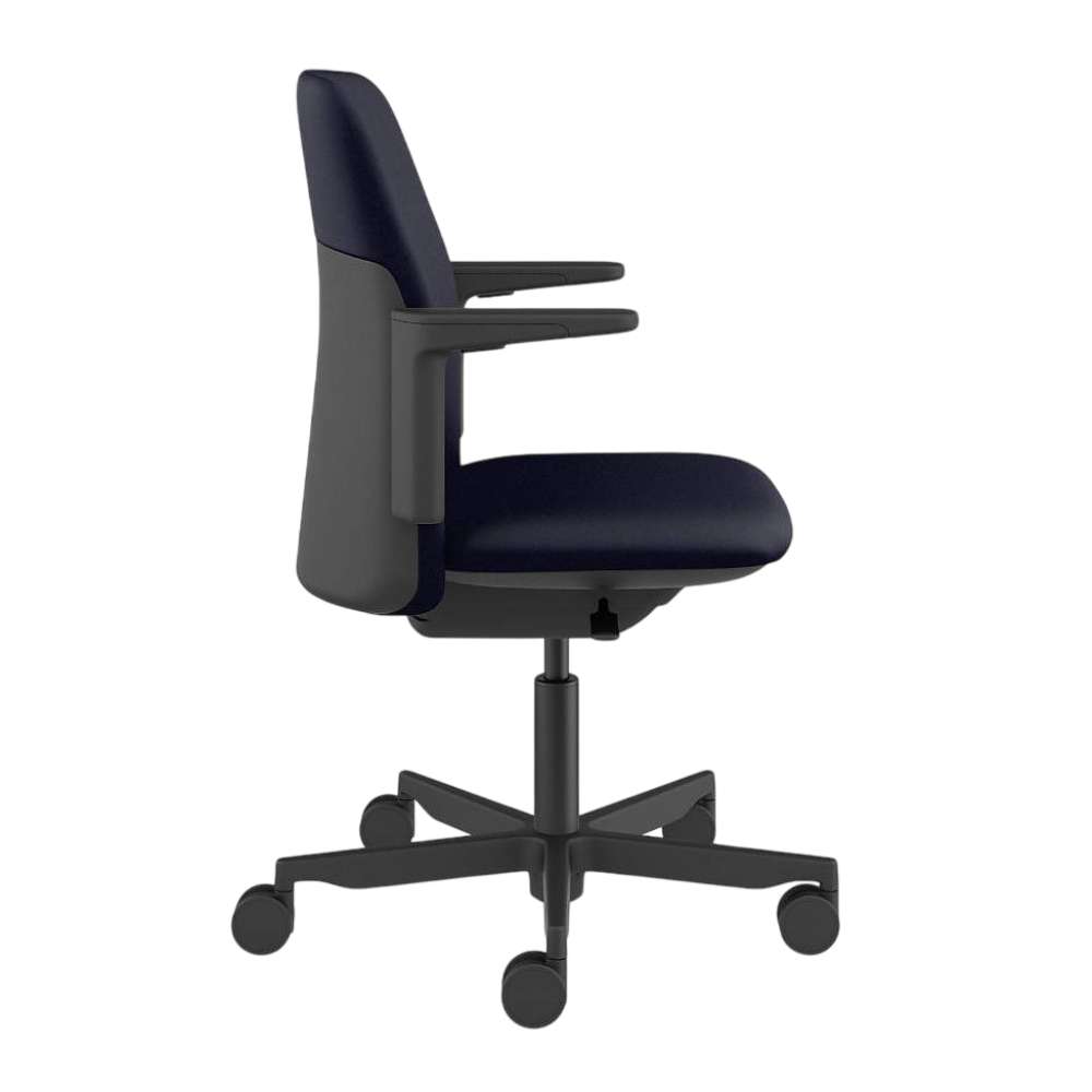 Seen in a side profile, Crate & Barrel Humanscale® Path Blue Eco Knit Office Chair features a padded blue seat, fixed armrests, adjustable height, and caster wheels