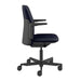 Seen in a side profile, Crate & Barrel Humanscale® Path Blue Eco Knit Office Chair features a padded blue seat, fixed armrests, adjustable height, and caster wheels