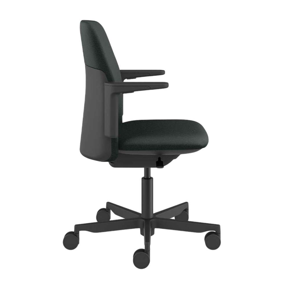 Seen in a side profile, Crate & Barrel Humanscale® Path Green Eco Knit Office Chair features padded armrests, a cushioned green seat, adjustable height, and caster wheels