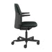 Seen in a side profile, Crate & Barrel Humanscale® Path Green Eco Knit Office Chair features padded armrests, a cushioned green seat, adjustable height, and caster wheels
