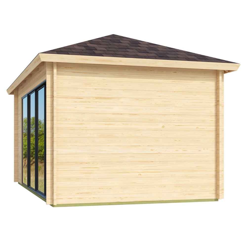 Seen from an angle, the GardenHouse24 USA Pavilion ALU 44D Garden Room showcases its solid wooden side wall and expansive glass panels
