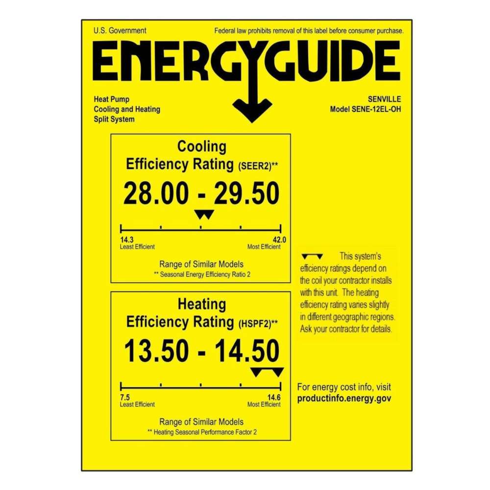 Senville 12000 BTU Mini Split Air Conditioner - Heat Pump - ELITE Series EnergyGuide label highlighting high cooling and heating efficiency ratings