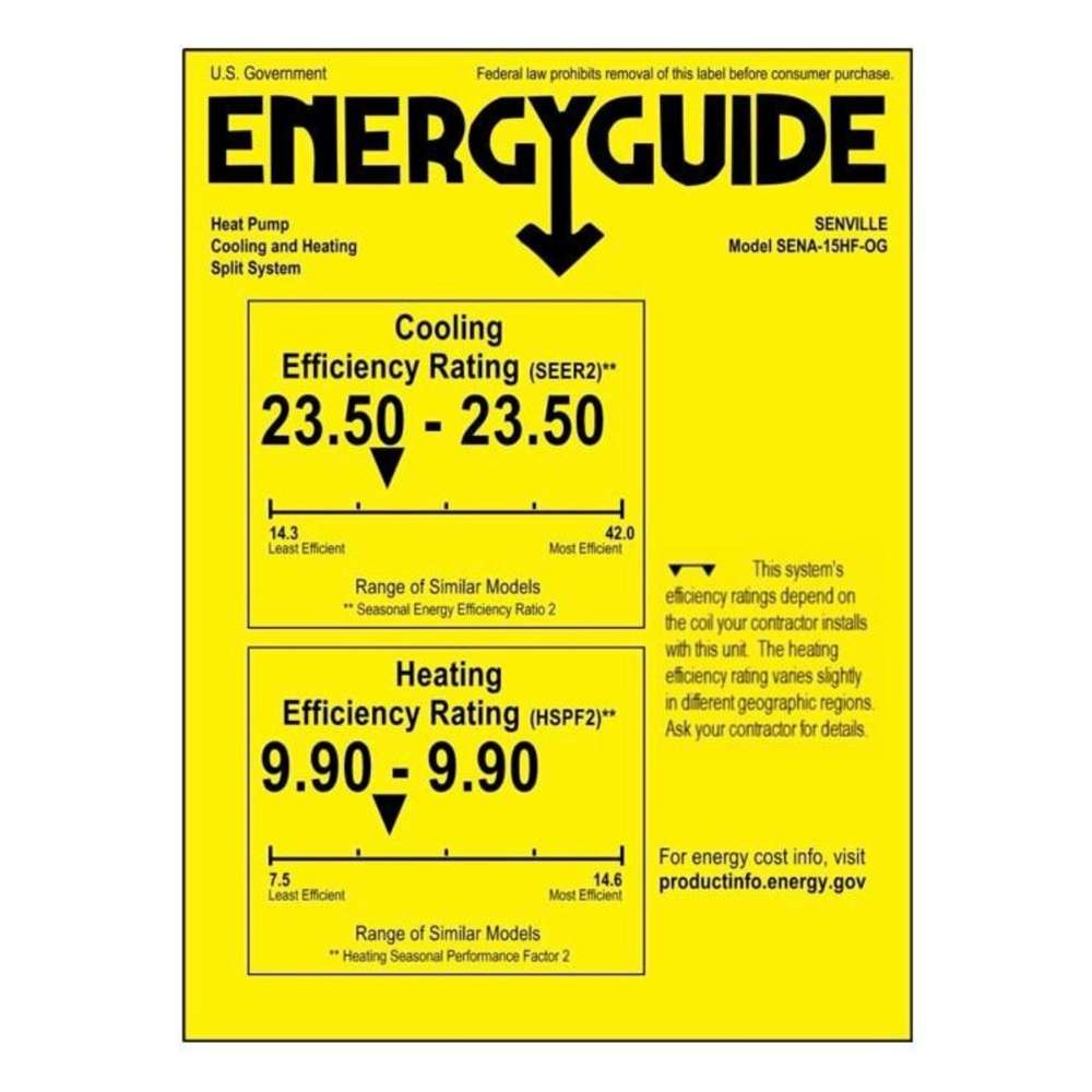 Senville 15000 BTU Mini Split Air Conditioner - Heat Pump - SENA/15HF EnergyGuide label showing high cooling and heating efficiency ratings