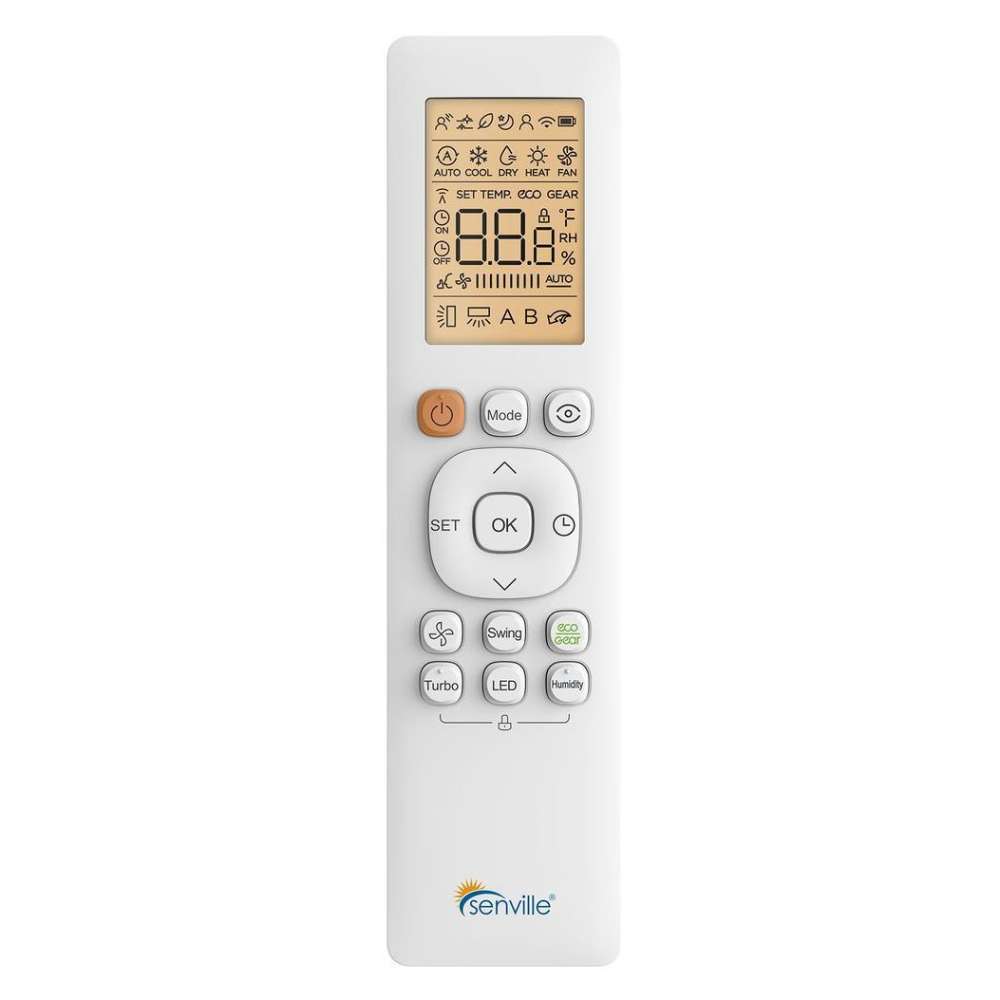 Senville 15000 BTU Mini Split Air Conditioner - Heat Pump - SENA/15HF remote control with temperature, fan, and mode settings