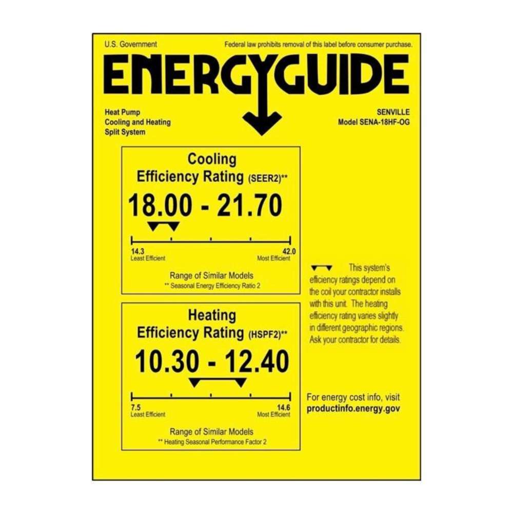 Senville 18000 BTU Ceiling Cassette Air Conditioner - Heat Pump - SENA/18HF/IC EnergyGuide efficiency label