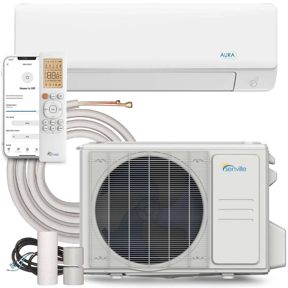 Senville 18000 BTU Mini Split Air Conditioner - Heat Pump - ELITE Series includes an indoor unit, outdoor condenser, remote control, and app connectivity