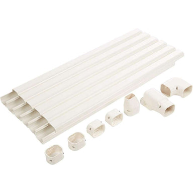 Senville 20ft. Line Set Cover Kit for Mini Split AC displayed with multiple straight covers and matching fittings for a complete mini split line concealment system