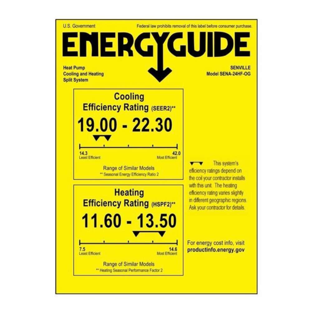 Senville 24000 BTU Ceiling Cassette Air Conditioner - Heat Pump - SENA/24HF/IC Energy Guide label showing high cooling and heating efficiency ratings