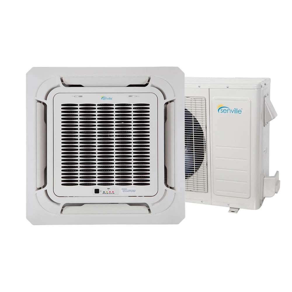 Senville 24000 BTU Ceiling Cassette Air Conditioner - Heat Pump - SENA/24HF/IC indoor cassette and outdoor condenser system shown together