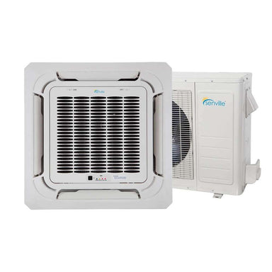 Senville 24000 BTU Ceiling Cassette Air Conditioner - Heat Pump - SENA/24HF/IC indoor cassette and outdoor condenser system shown together
