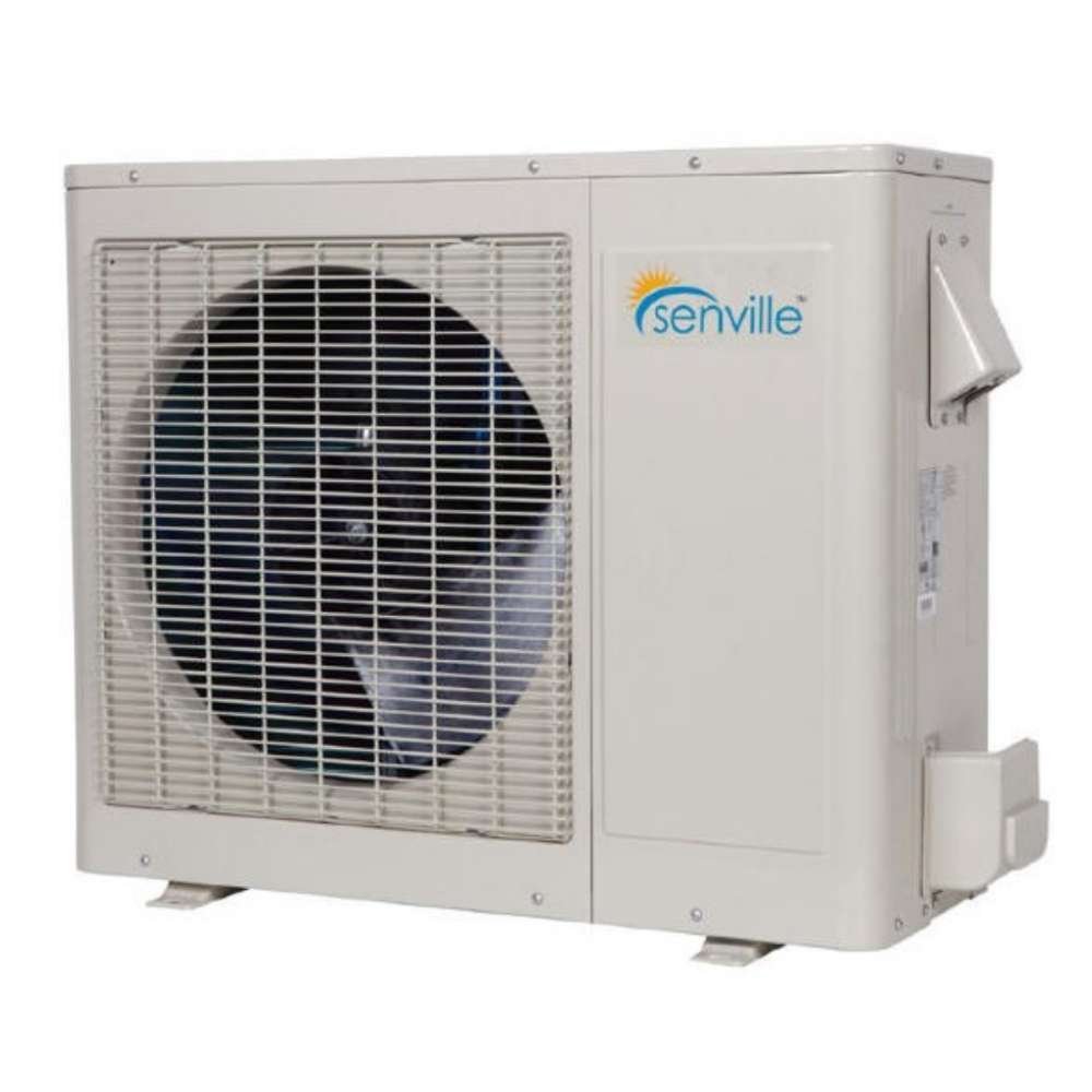 Senville 24000 BTU Ceiling Cassette Air Conditioner - Heat Pump - SENA/24HF/IC outdoor condenser unit with large cooling fan and compact design