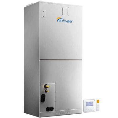 Senville 24000 BTU Central Air Conditioner Heat Pump System - SENDC-24HF indoor air handler is shown with a smart thermostat and remote
