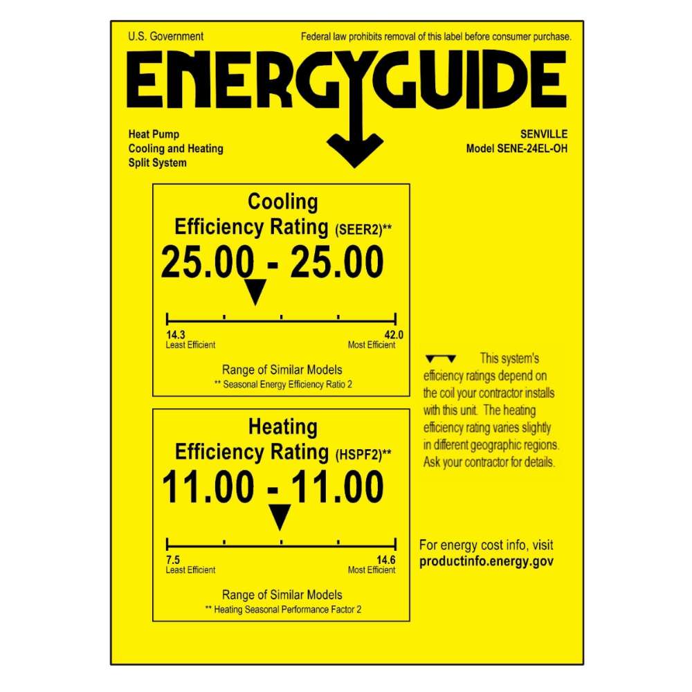 Senville 24000 BTU Mini Split Air Conditioner - Heat Pump - ELITE Series EnergyGuide label showing high cooling and heating efficiency