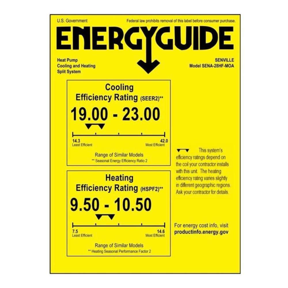 Senville 28000 BTU Dual Zone Ceiling Air Conditioner - Heat Pump - SENA/30HF/DIC EnergyGuide label showing cooling and heating efficiency ratings