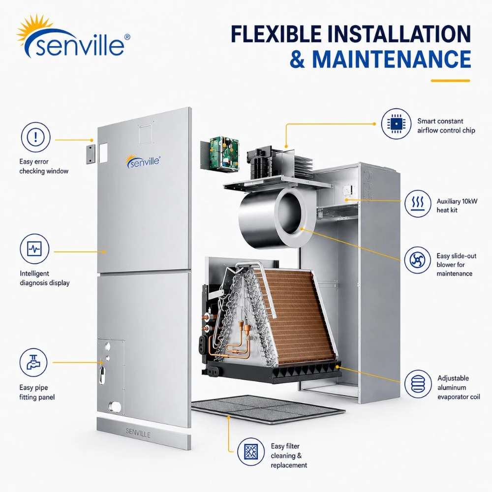 Senville 36000 BTU Central Air Conditioner - Heat Pump - SENDC-36HF featuring easy maintenance access, smart airflow control, and washable filters