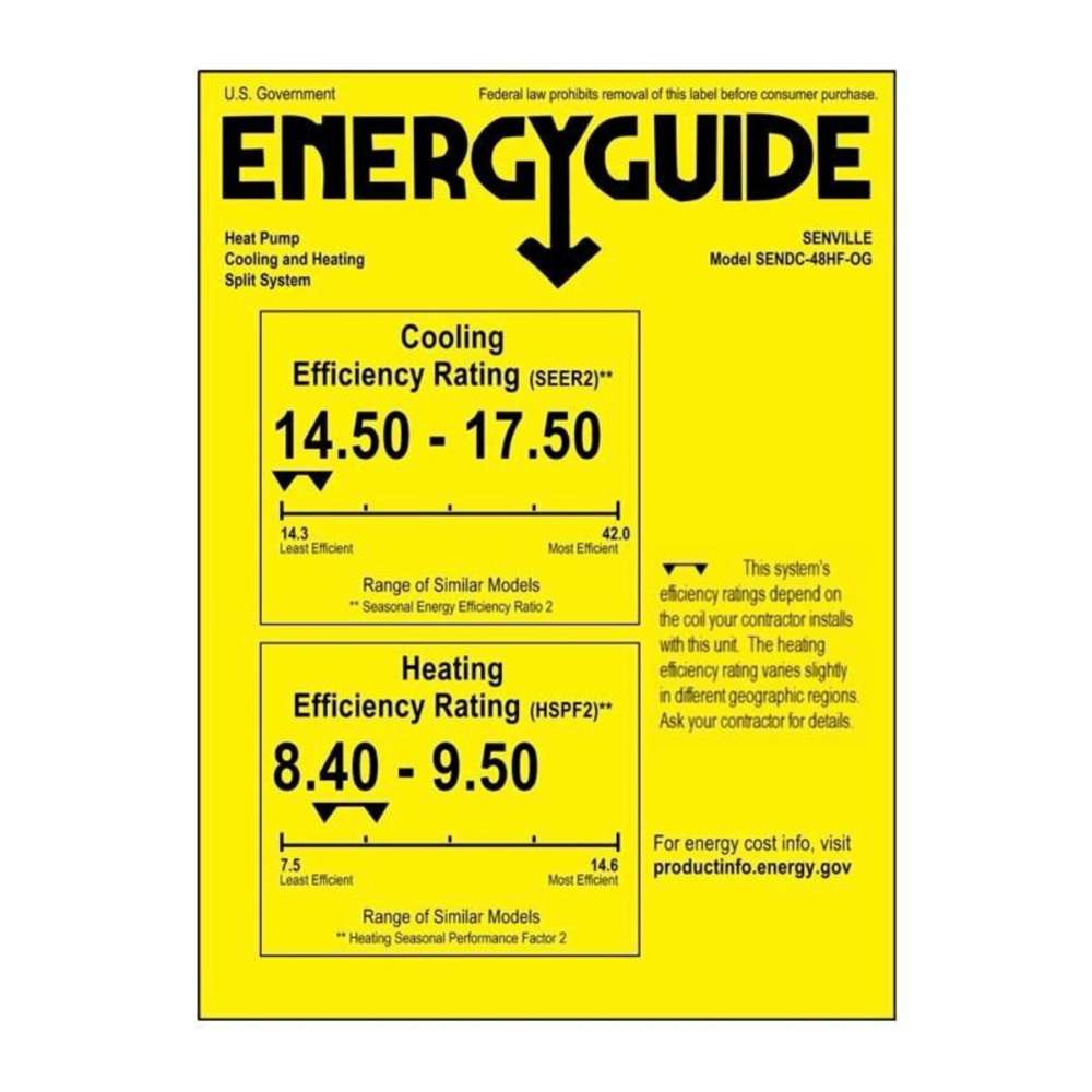Senville 48000 BTU Central Air Conditioner Heat Pump System - SENDC-48HF EnergyGuide label showing cooling and heating efficiency ratings